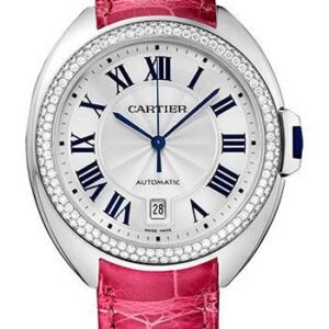 Cartier Cle De Cartier Watch - 40 mm White Gold Diamond Case - Diamond Bezel - Silver Dial - Fuchsia Pink Alligator Strap - WJCL0011