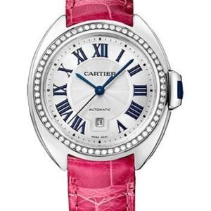 Cartier Cle De Cartier Watch - 31 mm White Gold Diamond Case - Diamond Bezel - Silver Dial - Fuchsia Pink Alligator Strap - WJCL0015