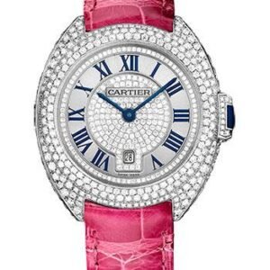 Cartier Cle De Cartier Diamond Paved Watch - 31 mm White Gold Diamond Case - Diamond Bezel - Silver Dial - Fuchsia Pink Alligator Strap - WJCL0017
