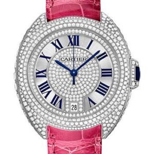 Cartier Cle De Cartier Watch - 35 mm White Gold Diamond Case - Diamond Bezel - Silver Diamond Dial - Fuchsia Pink Alligator Strap - WJCL0018