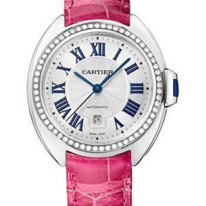 Cartier Cle de Cartier Watch - 31 mm White Gold Diamond Case - White Dial - Fuchsia Pink Alligator Strap - WJCL0050