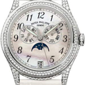 Patek Philippe Complications Ladies Annual Calendar Moon Phase 37mm White Mother of Pearl Arabic White Gold Diamond Set Leather Date | 4937G-001