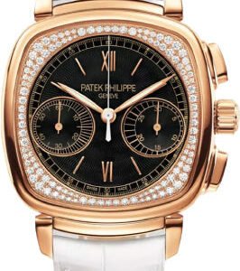 Patek Philippe Complications Ladies Chronograph 35 x 39mm Black Guilloche Roman Rose Gold Diamond Set Leather Manual | 7071R-010