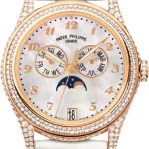 Patek Philippe Complications Ladies Annual Calendar Moon Phase 37mm White Mother of Pearl Arabic Rose Gold Diamond Set Leather Date | 4937R-001