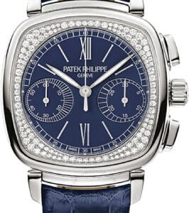 Patek Philippe Complications Ladies Chronograph 35 x 39mm Blue Opaline Roman White Gold Diamond Set Leather Manual | 7071G-011
