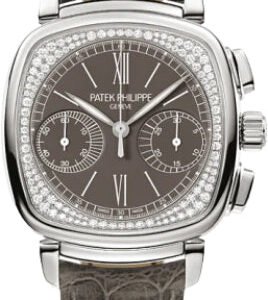 Patek Philippe Complications Ladies Chronograph 35 x 39mm Grey Opaline Roman White Gold Diamond Set Leather Manual | 7071G-010
