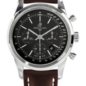 Breitling Transocean 01 Chronograph Watch - 43mm Steel Case - Black Dial - Brown Leather Strap - AB015212/BA99/438X/A20D.1