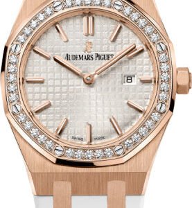 Audemars Piguet Royal Oak Quartz Ladies Rose Gold Silver Index Diamond Bezel 33mm White Rubber | 67651OR.ZZ.D010CA.01
