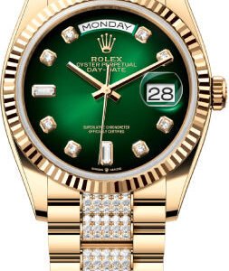 Rolex Day-Date 36 36mm Green Ombré Diamond-Set Dial Fluted Bezel with Diamond-Set President Bracelet - 128238 | 2024 Model