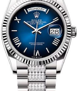 Rolex Day-Date 36 36mm Blue Ombré Dial Fluted Bezel with Diamond-Set President Bracelet - 128239 | 2024 Model
