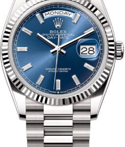 Rolex Day-Date 36 36mm Bright Blue Diamond-Set Dial Fluted Bezel President Bracelet - 128239 | 2024 Model