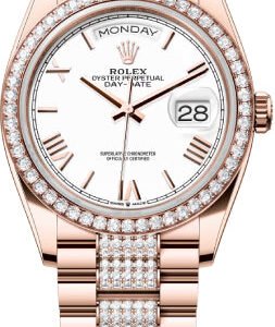 Rolex Day-Date 36 36mm White Roman Dial Diamond-Set Bezel with Diamond-Set President Bracelet - 128345RBR | 2024 Model