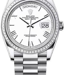 Rolex Day-Date 36 36mm White Roman Dial Diamond-Set Bezel President Bracelet - 128396TBR | 2024 Model
