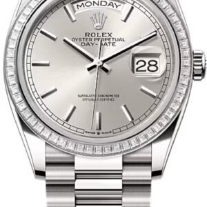 Rolex Day-Date 36 36mm Silver Stick Dial Diamond-Set Bezel President Bracelet - 128399TBR | 2024 Model