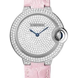 Cartier Ballon Bleu de Cartier Watch - 33 mm White Gold Diamond Case - Diamond Paved Dial - Pearly Pink Alligator Strap - WE902047